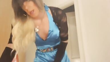 jess silk riding dildo in turquoise satin dress and shiny purple jacket with blonde wig - 14 image