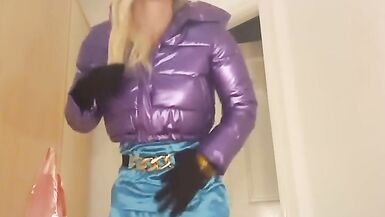 jess silk riding dildo in turquoise satin dress and shiny purple jacket with blonde wig - 2 image