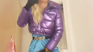 jess silk riding dildo in turquoise satin dress and shiny purple jacket with blonde wig