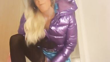 jess silk riding dildo in turquoise satin dress and shiny purple jacket with blonde wig - 5 image
