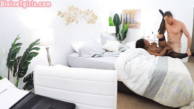 Deepthroating TS Ebony bosomy MILF barebacked by BF - 12 image