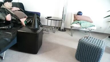 latex masked perv bessy enjoys sitting on giant dildoplug - 8 image