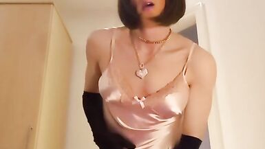 jess silk riding dildo in pink satin nightie and robe with bob wig
