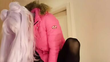 jess silk riding dildo in hot pink satin dress and hot pink jacket with long purple wig - 1 image