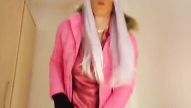 jess silk riding dildo in hot pink satin dress and hot pink jacket with long purple wig - 10 image