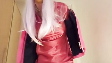 jess silk riding dildo in hot pink satin dress and hot pink jacket with long purple wig - 11 image