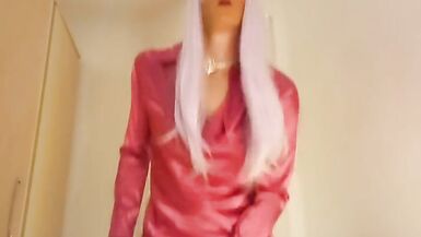 jess silk riding dildo in hot pink satin dress and hot pink jacket with long purple wig - 12 image