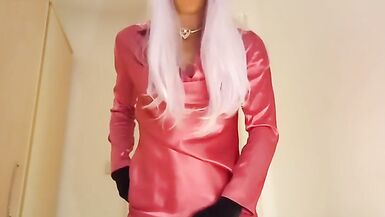 jess silk riding dildo in hot pink satin dress and hot pink jacket with long purple wig - 13 image