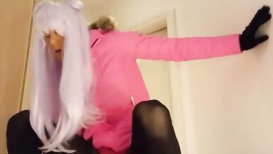 jess silk riding dildo in hot pink satin dress and hot pink jacket with long purple wig - 5 image