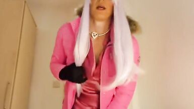 jess silk riding dildo in hot pink satin dress and hot pink jacket with long purple wig - 9 image