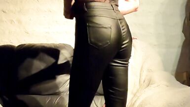 crossdresser with latex pants lingerie handjob on the couch
