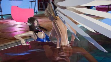 Dva is fucked by the futa mercy at the pool party with her oily body well soaked by the pool water - 1 image