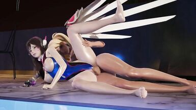 Dva is fucked by the futa mercy at the pool party with her oily body well soaked by the pool water - 15 image