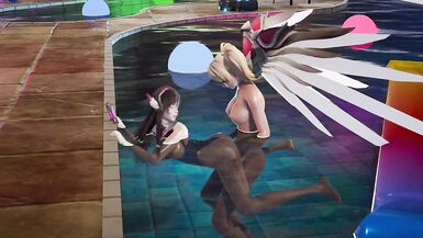 Dva is fucked by the futa mercy at the pool party with her oily body well soaked by the pool water - 5 image