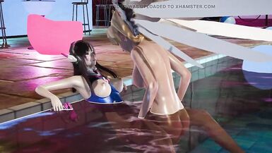 Dva is fucked by the futa mercy at the pool party with her oily body well soaked by the pool water