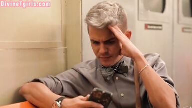 College uniform TS babe bareback fucks guy in public train - 5 image