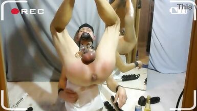 naked slave exposed pissing peniscage spanking bottle dildo in ass dirty body writing BDSM CBT - 6 image