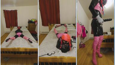 Self Slavery in PVC Catsuit,Boots, Brassiere and Pants locked in chastity gagged - 1 image