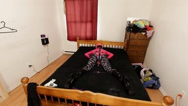 Self Slavery in Leather Fist Mitts, Lycra Body Costume, Tights, PVC Knee High Boots, Gagged in Chastity ... - 12 image