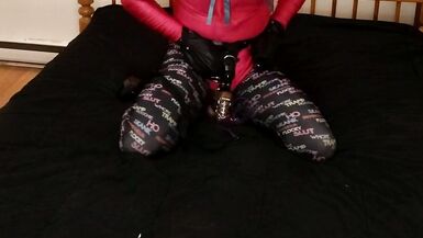 Self Slavery in Leather Fist Mitts, Lycra Body Costume, Tights, PVC Knee High Boots, Gagged in Chastity ... - 15 image