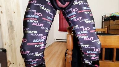 Self Slavery in Leather Fist Mitts, Lycra Body Costume, Tights, PVC Knee High Boots, Gagged in Chastity ... - 3 image