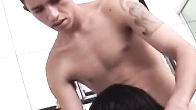 Lady-Boy with tiny milk sacks is fucked by 2 cocks and receives overspread in cock juice - 4 image