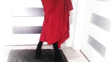 Seductive Lady in Red Satin Suit - 6 image