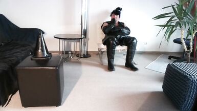 perv latex suit bessy jo-bag and cum on rubber boot take up with the tongue enjoys different dildos - 2 image