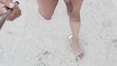 cute Trans plays in nature's garb with her feet and a-hole outdoors have a fun it - 12 image