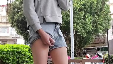 Transsexual Tingxuan masturbating in park, sexy panties and nice-looking legs