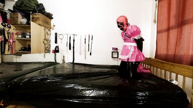 Sissy Maid Hogtied in Armbinder during the time that in Metallic Chastity Strap, Gagged - 6 image