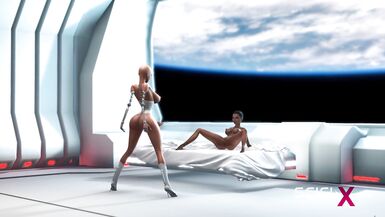 A hawt futa sex robot copulates hard a darksome beauty in the sci-fi bedroom - 2 image