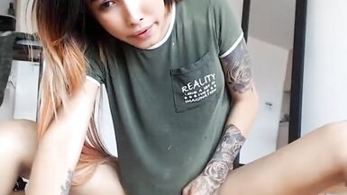 This Babe is a teenager trap hard jerking off her cock untill that babe cums - 15 image