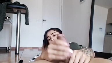 This Babe is a teenager trap hard jerking off her cock untill that babe cums