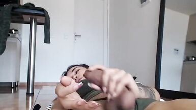 This Babe is a teenager trap hard jerking off her cock untill that babe cums - 7 image