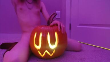 Cute non-professional trans gal creampies Halloween pumpkin - 1 image