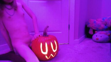 Cute non-professional trans gal creampies Halloween pumpkin - 3 image
