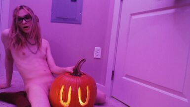 Cute non-professional trans gal creampies Halloween pumpkin - 5 image