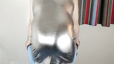 Concupiscent masked tv sissy whore in constricted silver suit. - 10 image
