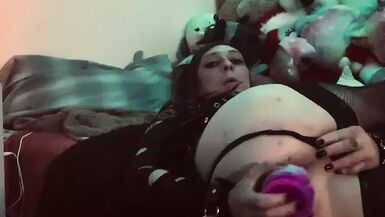 Rock trans gal destroys her wazoo with biggest anime sex tool - 1 image