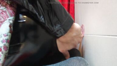 Excited sissy in underware over catsuit awkwardly toying her miniature gap