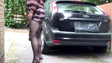 Non-Professional Crossdresser Kellycd2022 hawt mother i'd like to fuck masturbating outdoors on the driveway sissy jizz flow public hose heels