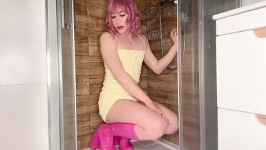 Sissy femboy slut pissing all over herself, fucking dildo and cumming - 1 image