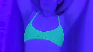 Cute Bikini Trans Girl Strips, Showers and Plays by Black Light - 1 image