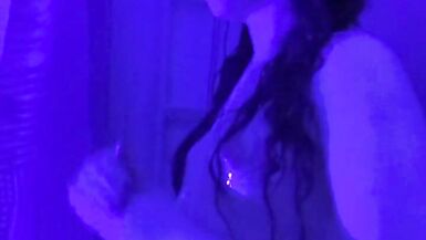 Cute Bikini Trans Girl Strips, Showers and Plays by Black Light - 8 image