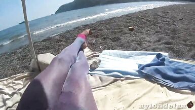 ultra shinny leggins pantyhose on the beach - 3 image