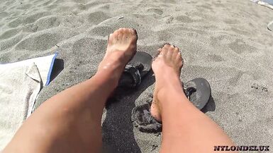 nylondelux nude pantyhose on the beach - 2 image