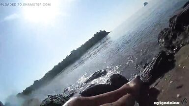 nylondelux in white pantyhose on the public beach - 12 image