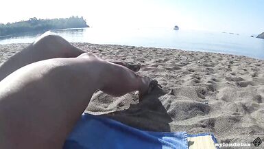 nylondelux in white pantyhose on the public beach - 5 image