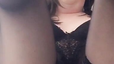 Nicki-Crossdress in sexy black Lingerie & Stockings CloseUp stroking big Cock - 11 image